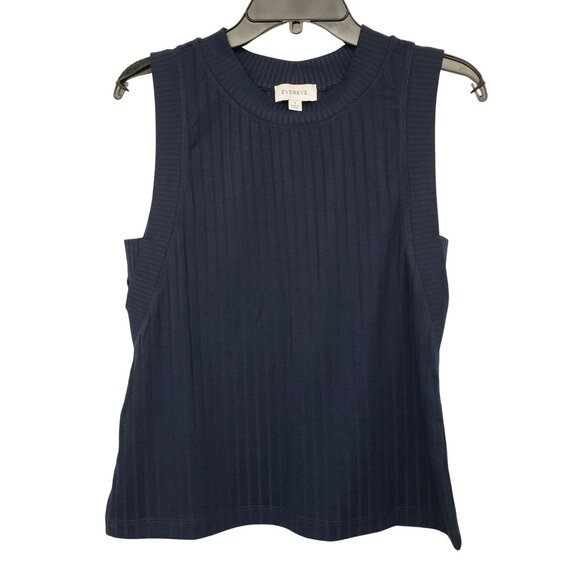 Evereve Sarina Navy Blue Ribbed Tank Round Neck Sleeveless Top Capsule Wardrobe - Picture 2 of 8
